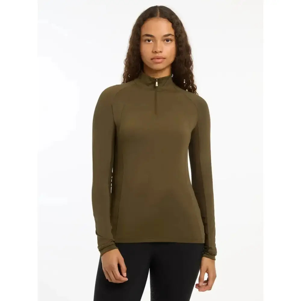 Olive green lemieux halle lightweight base layer alpine long sleeve high neck zip up top front view