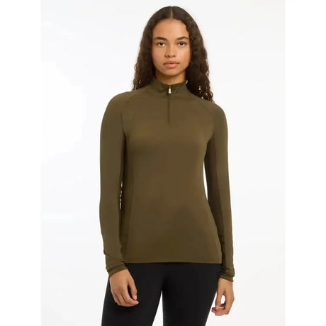 Olive green lemieux halle lightweight base layer alpine long sleeve high neck zip up top front view