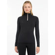 Black long-sleeved lemieux halle lightweight base layer top with silver zipper at high neck for active wear