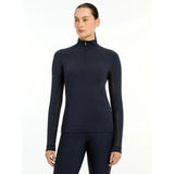 Navy blue lemieux halle lightweight long sleeve base layer with sheer mesh side panels for breathable comfort