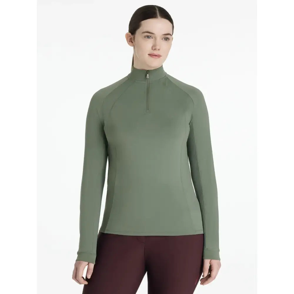 Olive green lemieux halle lightweight base layer rosemary quarter zip athletic top with long sleeves