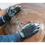 Black and gray lemeieux hands on shedding grooming gloves with textured grip and reinforced palms for scrubbing horses