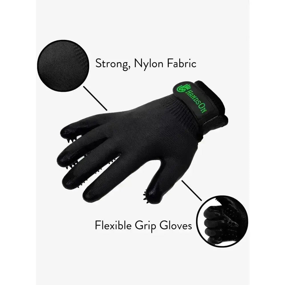 Black nylon shedding grooming gloves with flexible spiked fingertips and green lemieux logo on wristband