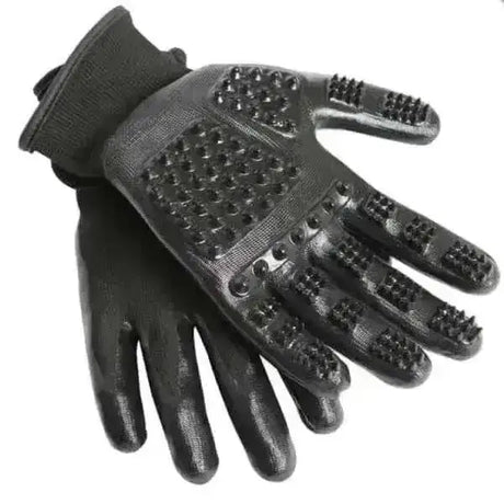 Black LeMieux hands on shedding grooming gloves with textured bristles for effective fur removal like traditional curry combs