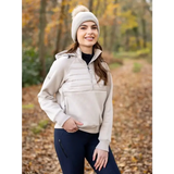 Woman in Lemieux Harley Hybrid Hoodie Stone, beige fleece pullover, autumn vibes