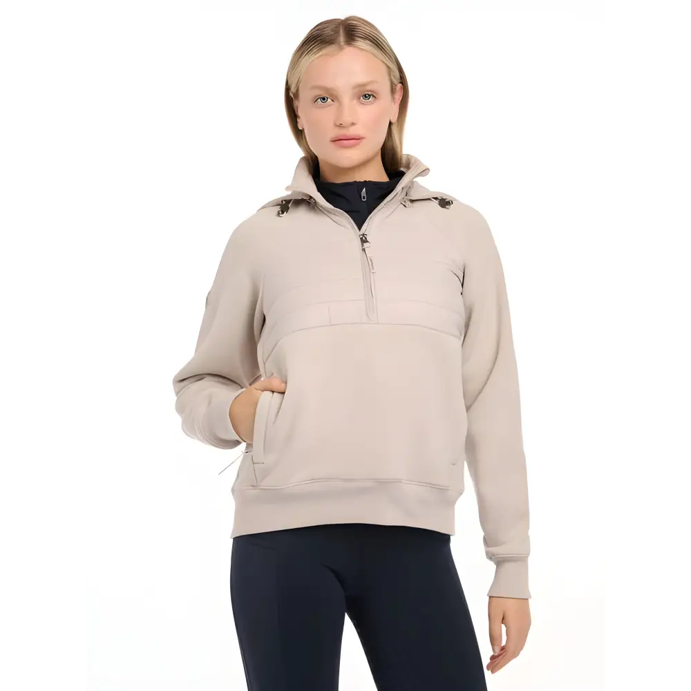 Beige Lemieux Harley Hybrid Hoodie worn by a person, showcasing stylish comfort