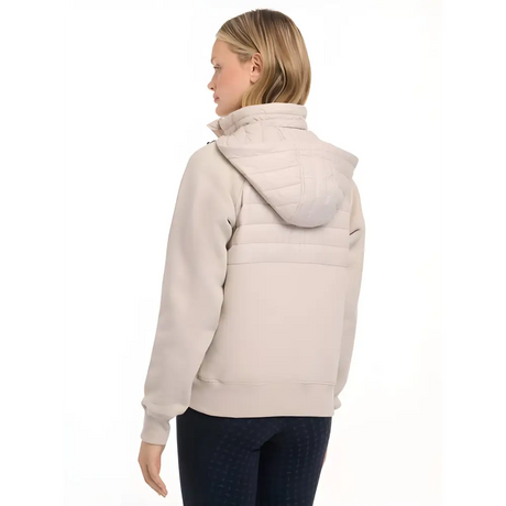 Beige Lemieux Harley Hybrid Hoodie Stone worn by a person viewed from behind