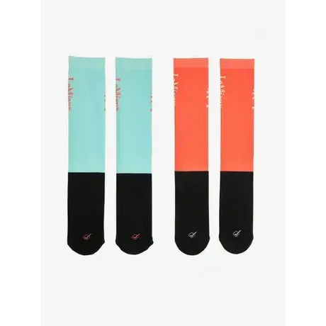 A pair of lemieux harlow competition socks with vibrant dusty cora and blue topaz two toned split color design