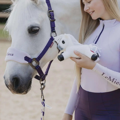 LeMieux Harlow Tiny plush white horse toy with black accents and soft fleece in a pocket-friendly size