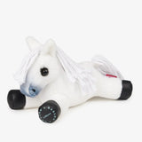 White plush lemieux harlow tiny pony panda with black hooves blue nose embroidered eyes and branded fleece rug in pocket-friendly size