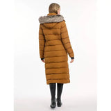 Long camel puffer coat with fur-trimmed hood from Lemieux Harper Longline Puffer collection