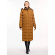 Long mustard puffer coat with fur-trimmed hood from Lemieux Harper Longline Puffer collection