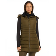 Olive green Harper Longline Puffer Gilet with fur-trimmed hood and zipper closure