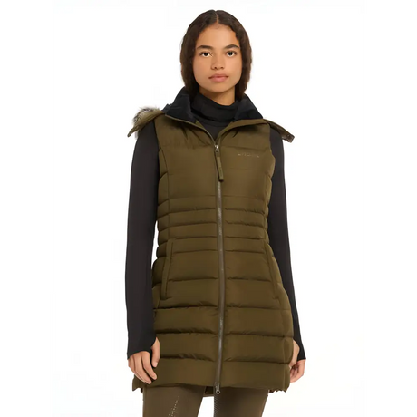 Olive green Harper Longline Puffer Gilet with fur-trimmed hood and zipper closure