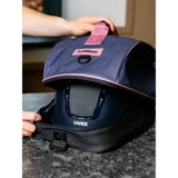 A navy blue and black lemieux hat box dusk blue box with pink trim designed to hold a uvex helmet