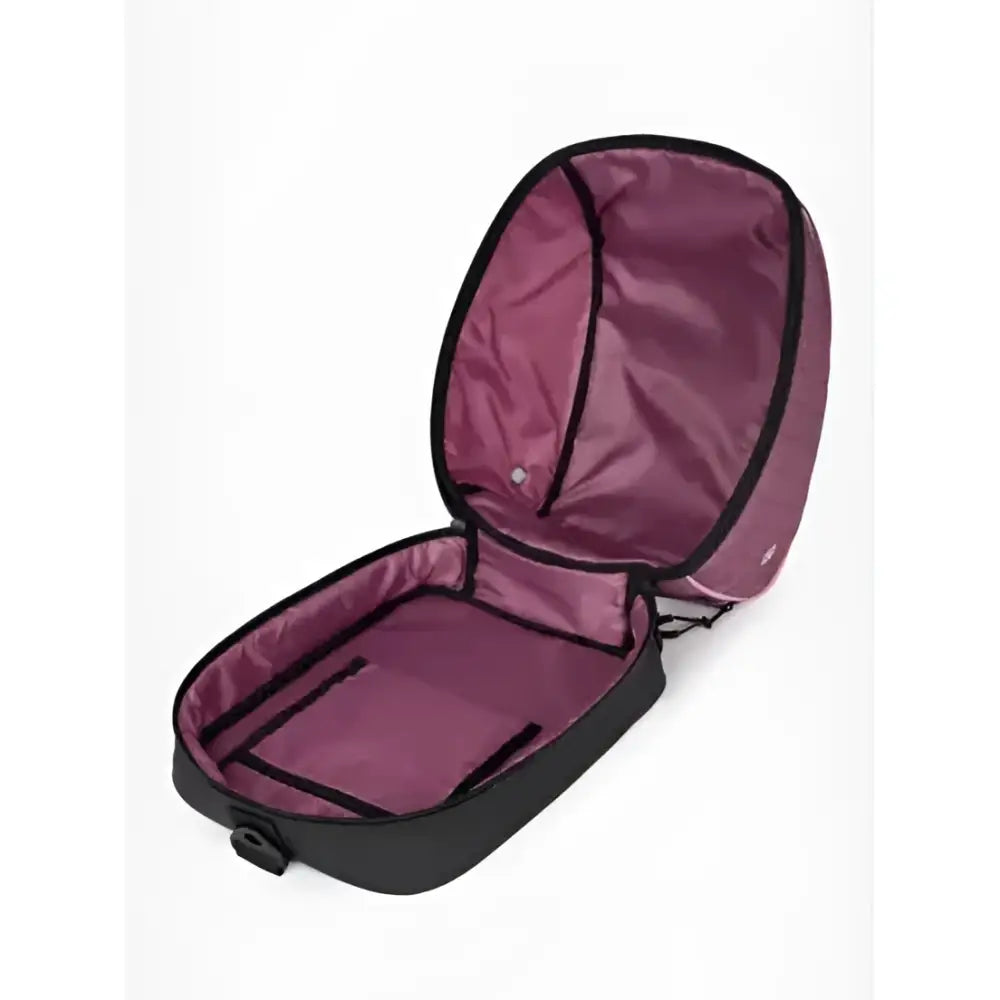Black and purple oval lemieux hat box mallow with zippered closure and matching purple fabric interior lining