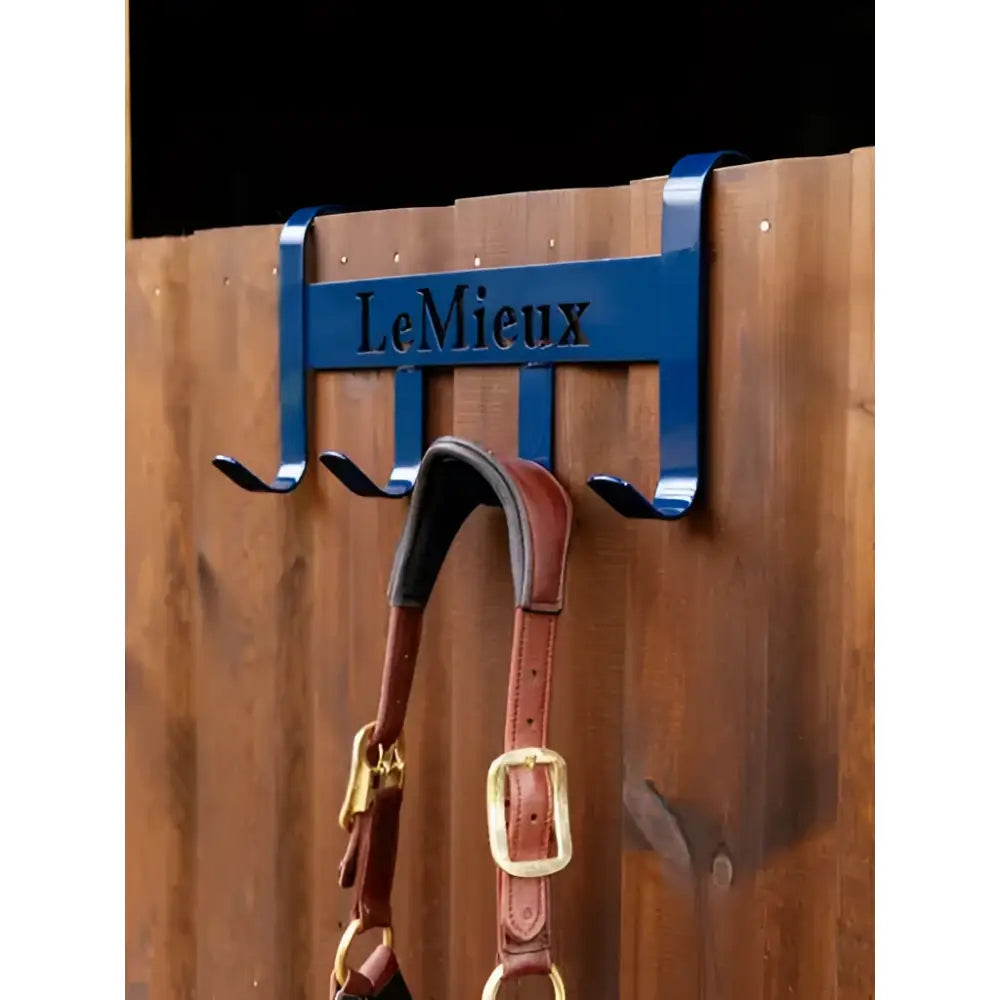 Blue metal lemieux headcollar hanger navy with four hooks for mounting horse halters on fences