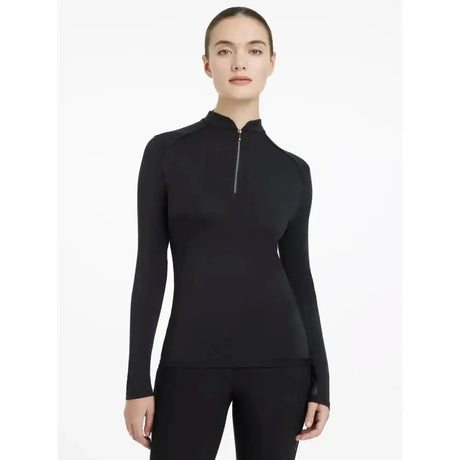 Black long-sleeved athletic top with quarter-zip neckline lemieux heyden lightweight base layer for active wear