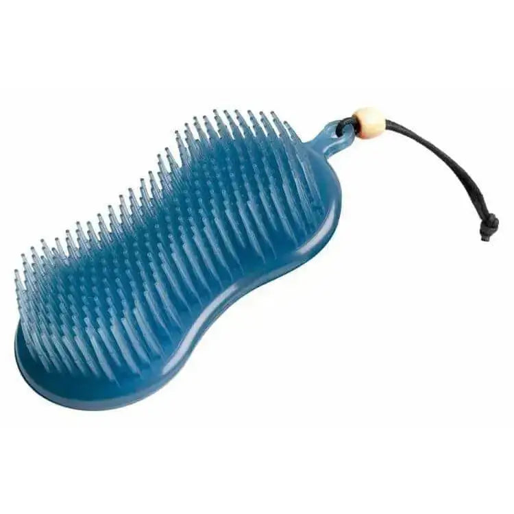Blue plastic lemieux hippo brush with wooden bead and black cord perfect two-in-one grooming tool
