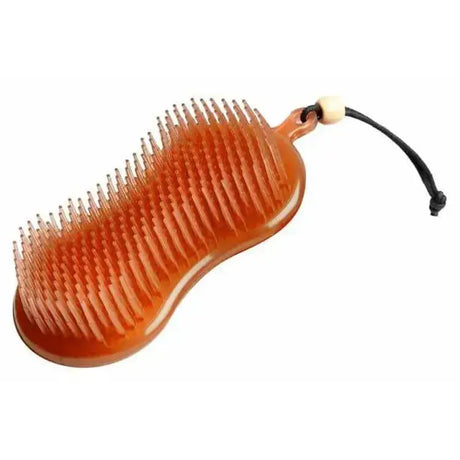 Transparent orange plastic lemieux hippo brush with metal bristles and black cord attached to handle hippo brush orange