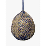 A hanging blue and beige lemieux hippo hay net made of durable netting with a sturdy rope loop for greedy feeders