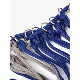 Blue and gray braided rope straps with metal rings on lemieux hippo hay nets perfect for greedy feeders