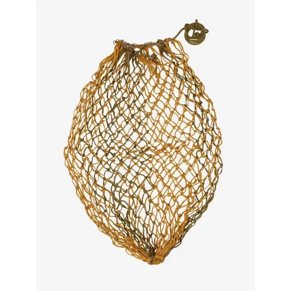 Vintage style olive and tan woven lemieux hippo haynet alpine with knotted handle for easy carrying