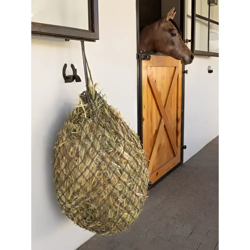 A hanging round lemieux hippo haynet rosemary filled with green and brown grasses perfect for greedy feeders