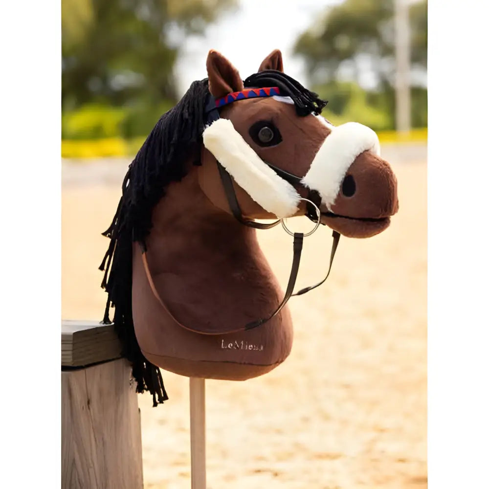 Plush toy horse head with bridle on post for Lemieux Hobby Horse Chancer Giddyup