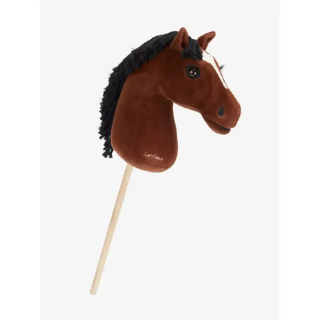 Brown plush lemieux hobby horse chancer chancer with black fringed mane white stripe on wooden stick for giddyup fun