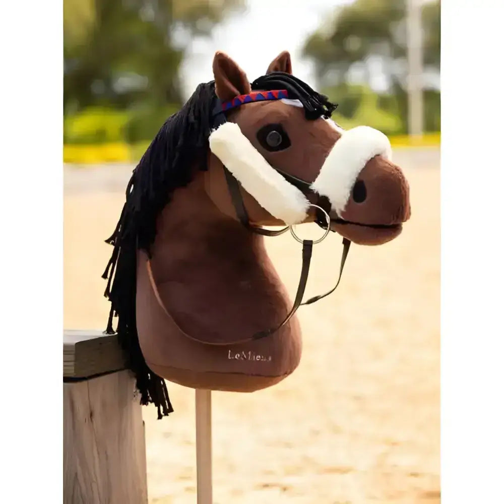 Brown plush lemieux hobby horse chancer chancer giddyup with black fringed mane and white faux fur bridle purple browband