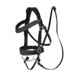 Black leather lemieux hobby horse competition bridle black with white stitching and silver metal buckles