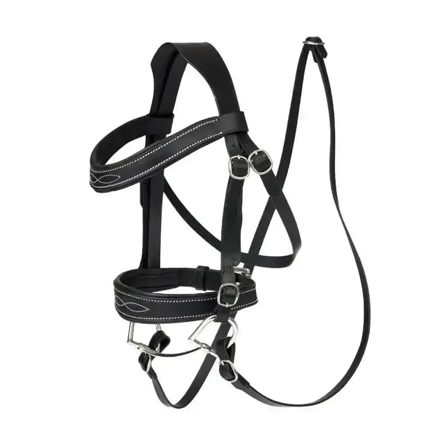 Black leather lemieux hobby horse competition bridle black with white stitching and silver metal buckles