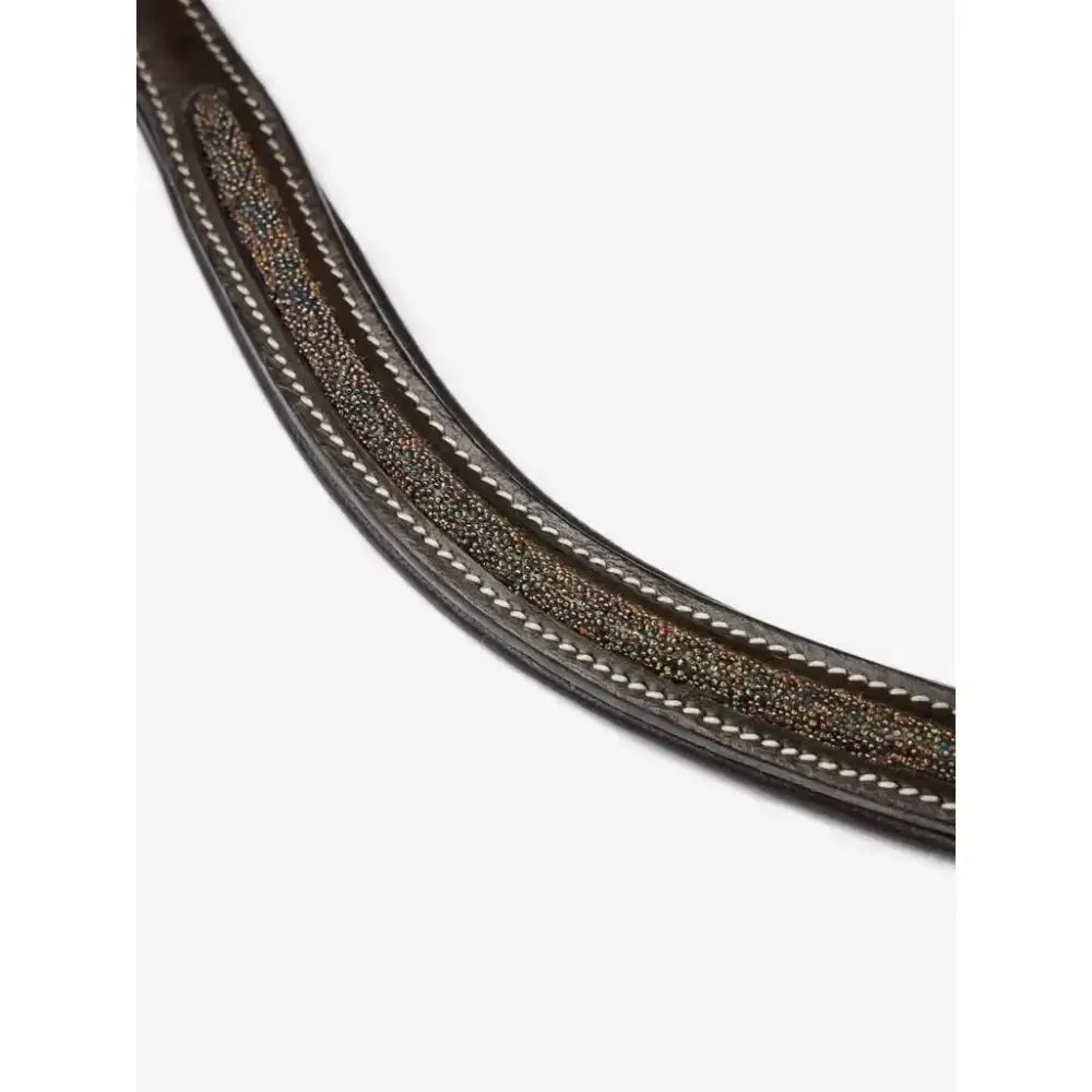 Dark brown leather lemieux hobby horse bridle strap with glittery crystal browband brown and white stitching edges