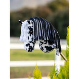 Black and white spotted plush lemieux hobby horse dakota with long striped yarn mane for mini riders