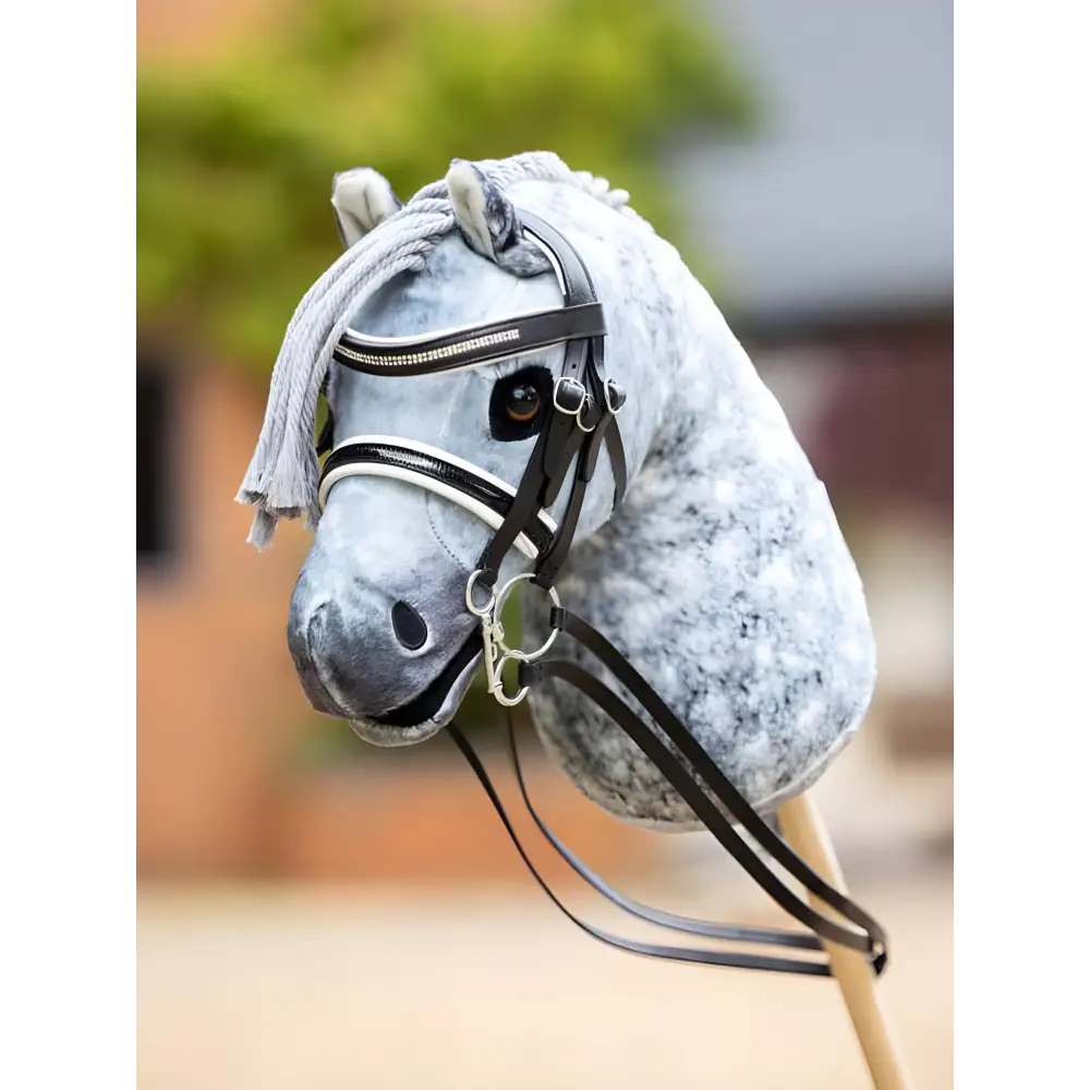 Gray and white dappled horse head with LeMieux Hobby Horse Double Bridle Black