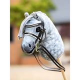 Gray and white dappled horse head with LeMieux Hobby Horse Double Bridle Black