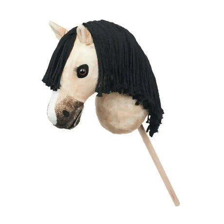 A lemieux hobby horse dream plush horse head with black fringe mane and tan body mounted on a wooden stick