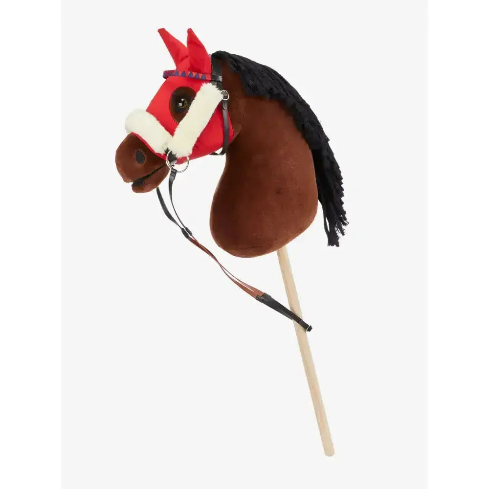 Red and brown plush lemieux hobby horse with black fringe mane white faux fur bridle and wooden stick handle