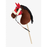 Red and brown plush lemieux hobby horse with black fringe mane white faux fur bridle and wooden stick handle