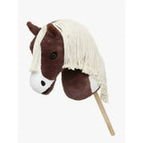 Brown plush lemieux hobby horse with white plaitable mane and loop mouth mounted on wooden stick