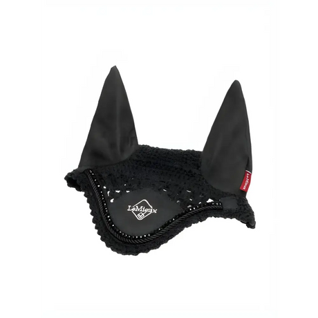 Black Lemieux Hobby Horse Fly Hood with decorative trim and logo for horse