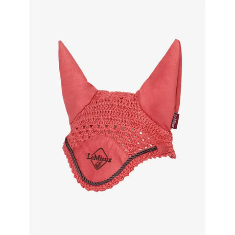 Coral-colored lemieux hobby horse fly hood cranberry with crocheted body soft fabric ears and branded logo patch