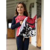 A plush dapple gray lemieux hobby horse head wearing a red lace fly hood cranberry with black leather straps