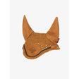 Tan suede lemieux hobby horse fly hood ginger with knitted mesh design and pointed ear flaps for horse fly hood use