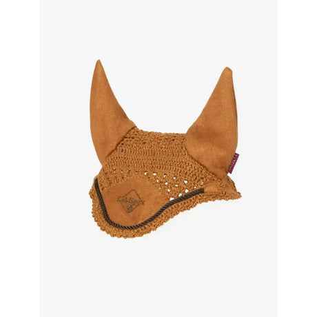 Tan suede lemieux hobby horse fly hood ginger with knitted mesh design and pointed ear flaps for horse fly hood use