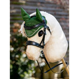 Green crocheted lemieux hobby horse fly hood hunter with embroidered logo and black leather straps