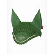 Green crocheted lemieux hobby horse fly hood hunter with embroidered logo and decorative trim