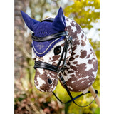 A navy blue crocheted lemieux hobby horse fly hood ink blue with diamond pattern and soft ear flaps