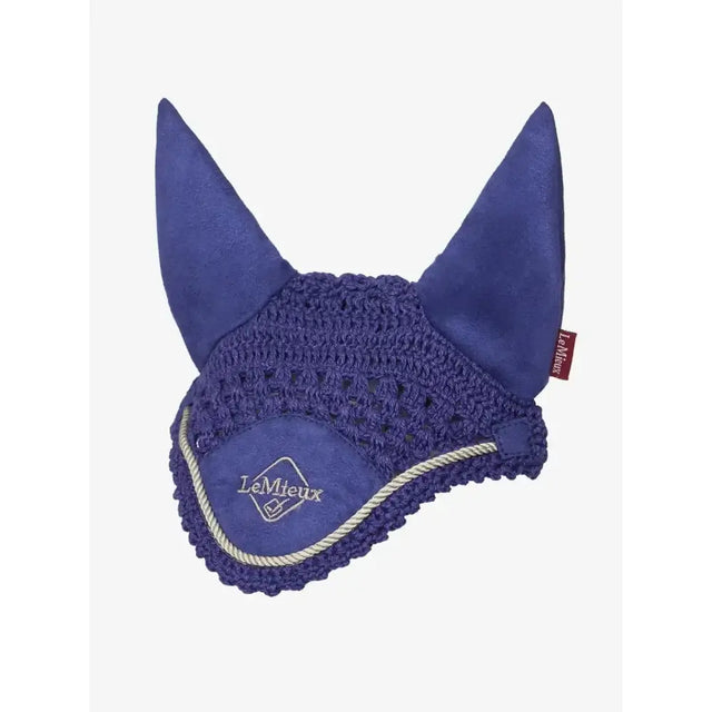 Royal blue lemieux hobby horse fly hood with suede ears and crocheted mesh body accented by white rope trim